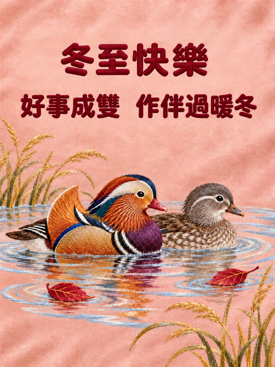 刺繡鴛鴦成雙。圖中文字：冬至快樂，好事成雙，作伴過暖冬