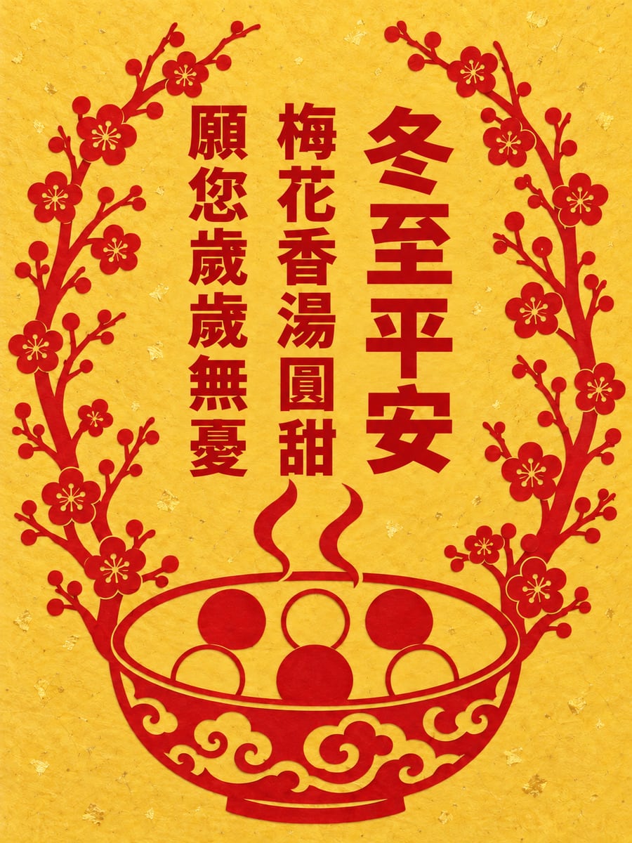 剪紙梅枝與大碗湯圓。圖中文字：冬至平安，梅花香湯圓甜，願您歲歲無憂
