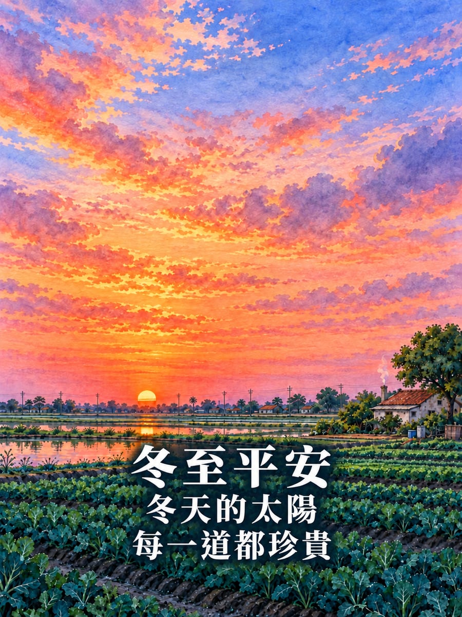 水彩平原上的彩霞日出。圖中文字：冬至平安，冬天的太陽，每一道都珍貴