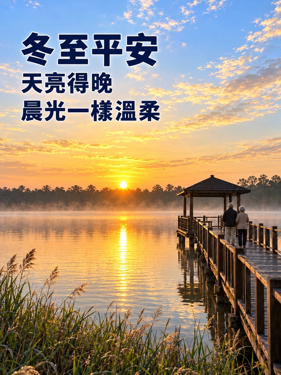 湖面晨光與木棧道。圖中文字：冬至平安，天亮得晚，晨光一樣溫柔