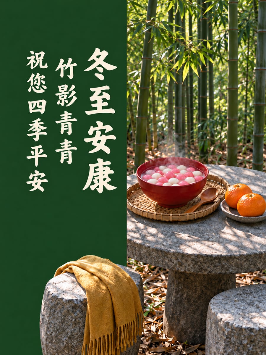 竹林邊石桌上的湯圓。圖中文字：冬至安康，竹影青青，祝您四季平安