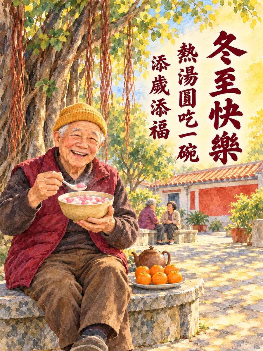 水彩榕樹下捧碗的阿公。圖中文字：冬至快樂，熱湯圓吃一碗，添歲添福