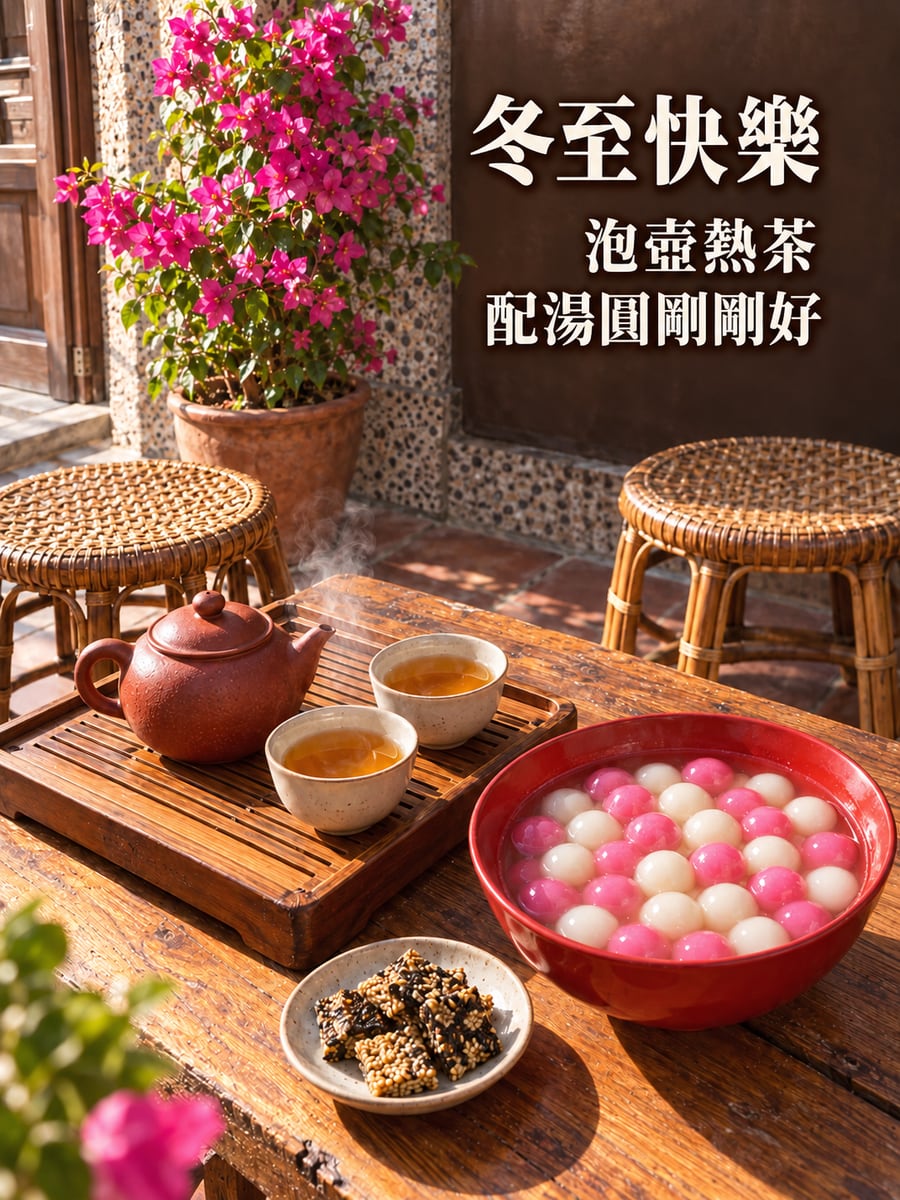 屋簷下的熱茶與湯圓。圖中文字：冬至快樂，泡壺熱茶，配湯圓剛剛好