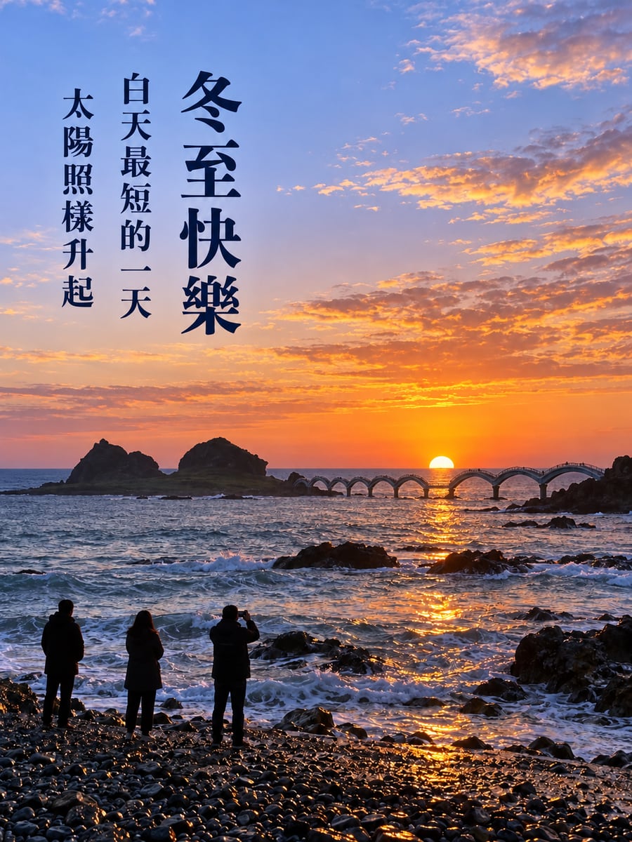 三仙台跨海拱橋的冬至日出。圖中文字：冬至快樂，白天最短的一天，太陽照樣升起