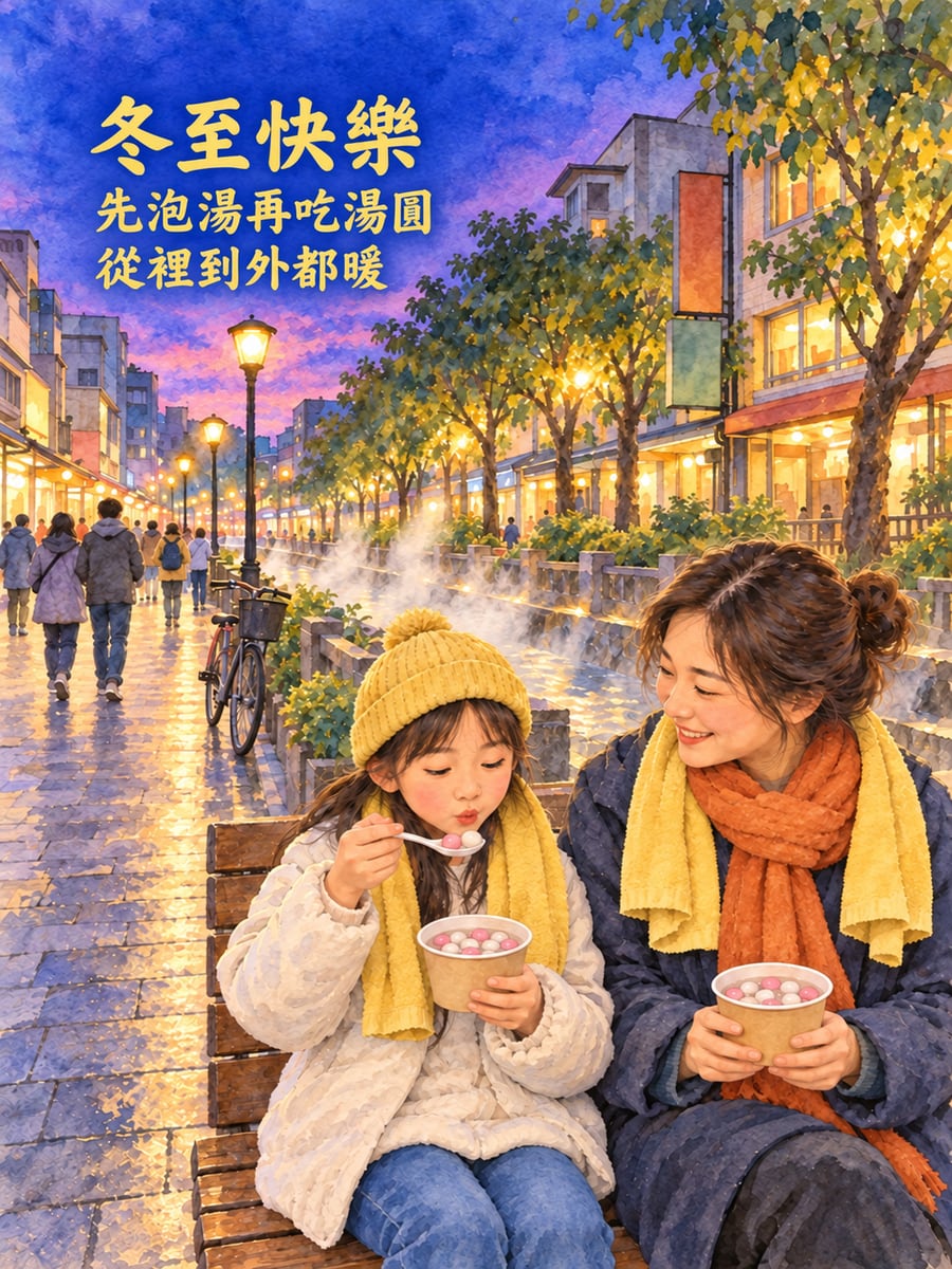 礁溪溫泉街傍晚泡完湯吃湯圓的母女。圖中文字：冬至快樂，先泡湯再吃湯圓，從裡到外都暖