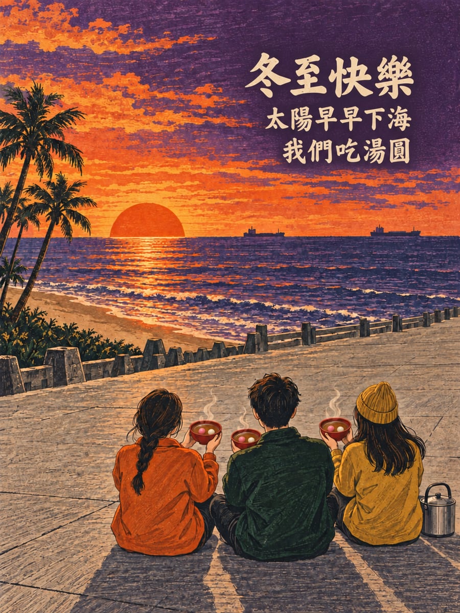 旗津海堤上看早落的夕陽。圖中文字：冬至快樂，太陽早早下海，我們吃湯圓