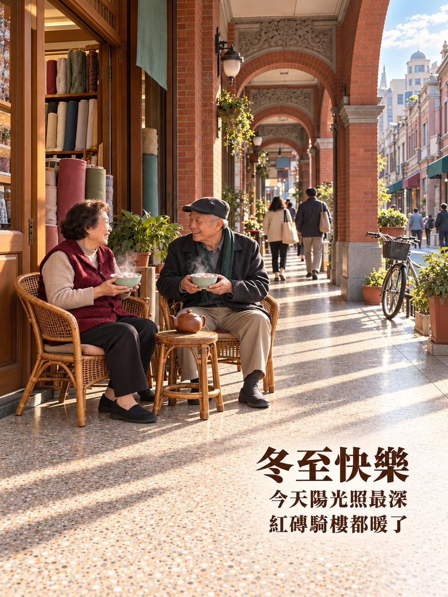老街紅磚騎樓被冬陽照到最裡面。圖中文字：冬至快樂，今天陽光照最深，紅磚騎樓都暖了