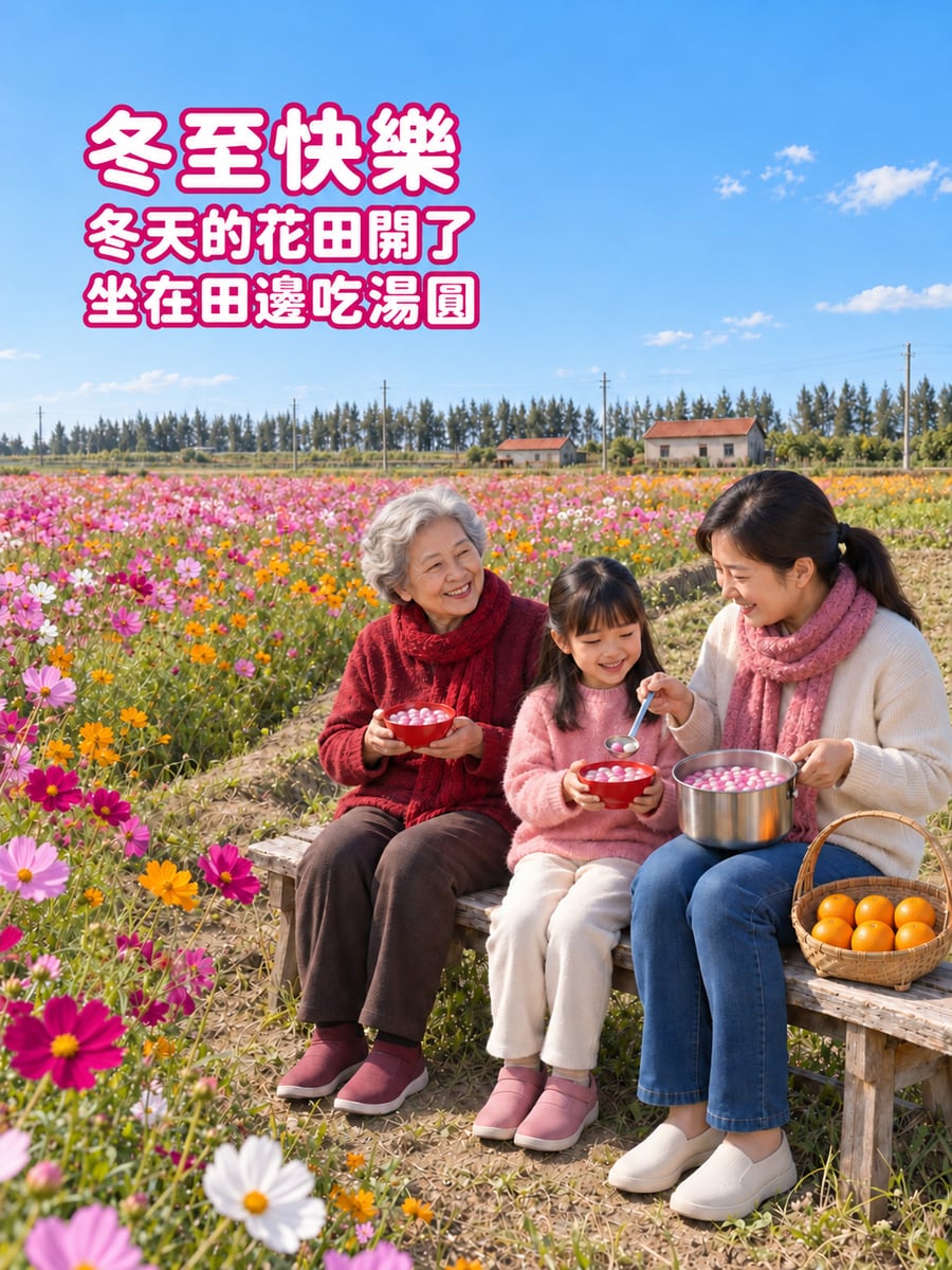 冬天休耕田的波斯菊花田。圖中文字：冬至快樂，冬天的花田開了，坐在田邊吃湯圓