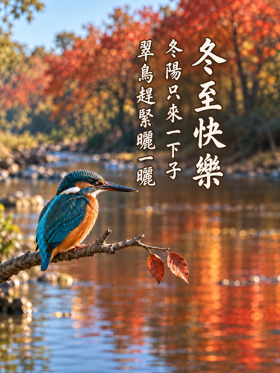冬天溪邊曬太陽的翠鳥。圖中文字：冬至快樂，冬陽只來一下子，翠鳥趕緊曬一曬