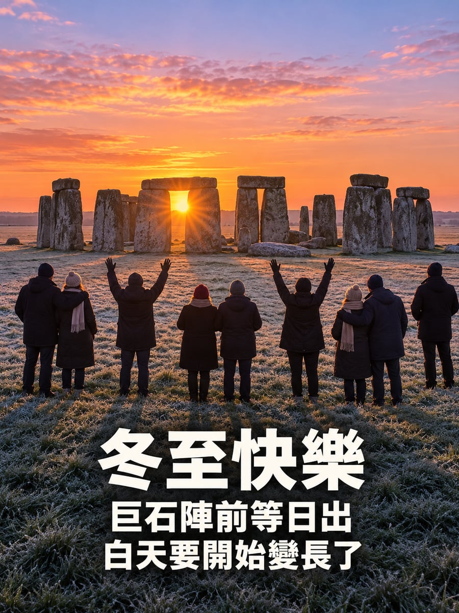英國巨石陣前等冬至日出的人群。圖中文字：冬至快樂，巨石陣前等日出，白天要開始變長了