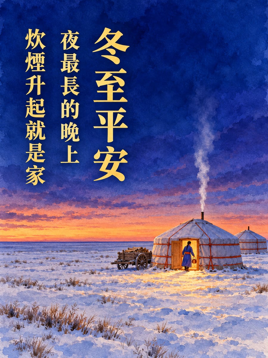 蒙古雪原上亮著燈的蒙古包。圖中文字：冬至平安，夜最長的晚上，炊煙升起就是家