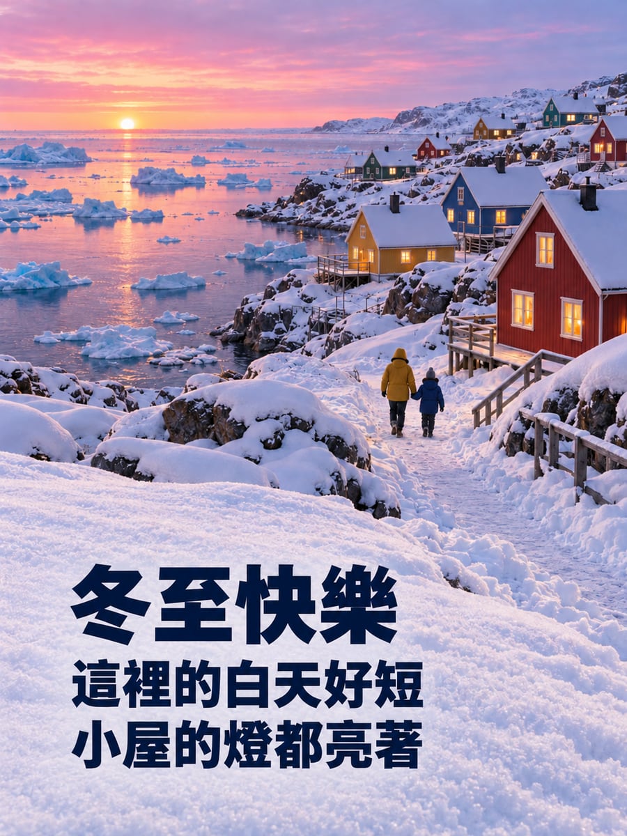 格陵蘭雪地上亮著燈的彩色小屋。圖中文字：冬至快樂，這裡的白天好短，小屋的燈都亮著