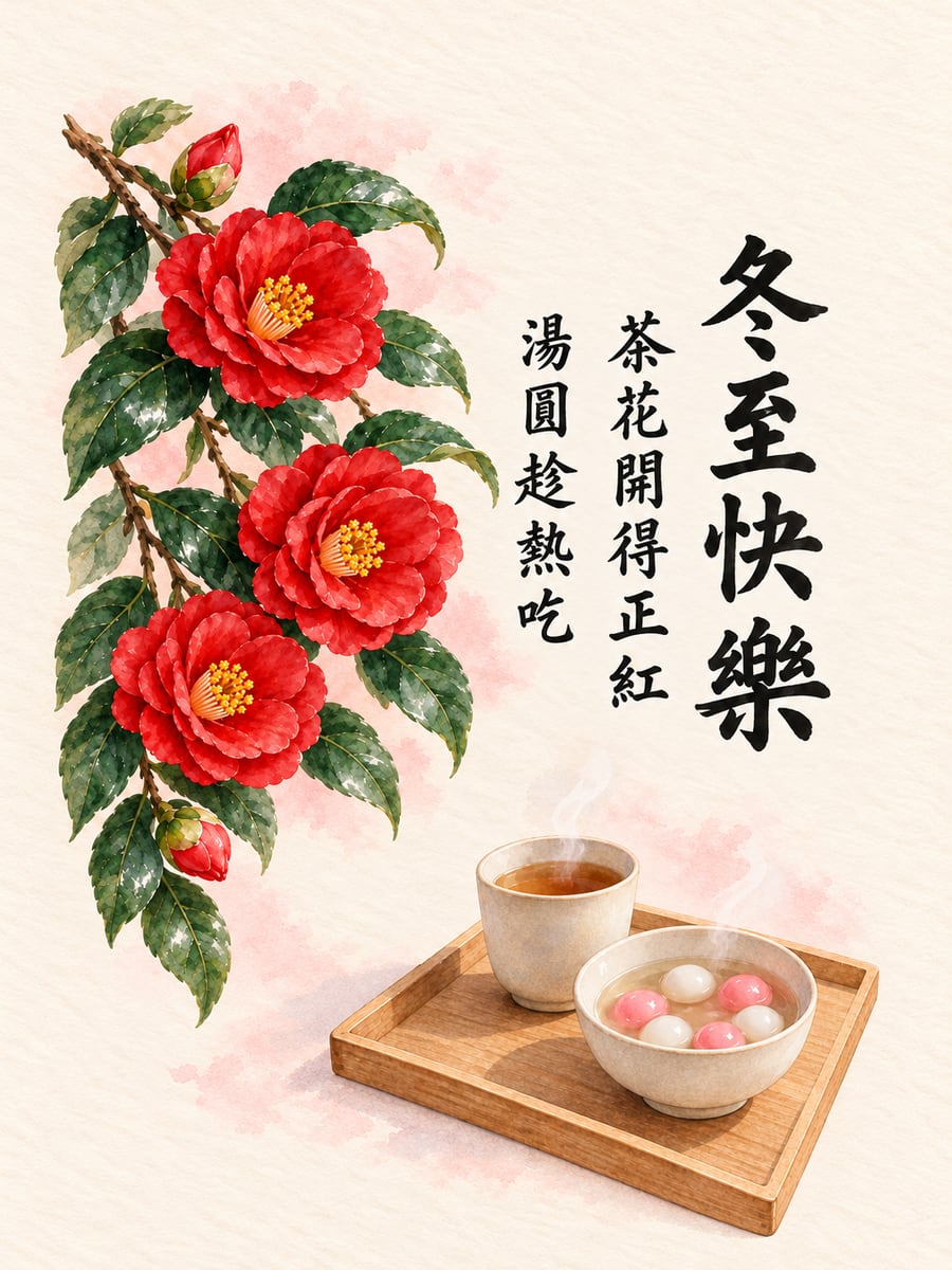 水彩紅茶花與熱茶。圖中文字：冬至快樂，茶花開得正紅，湯圓趁熱吃