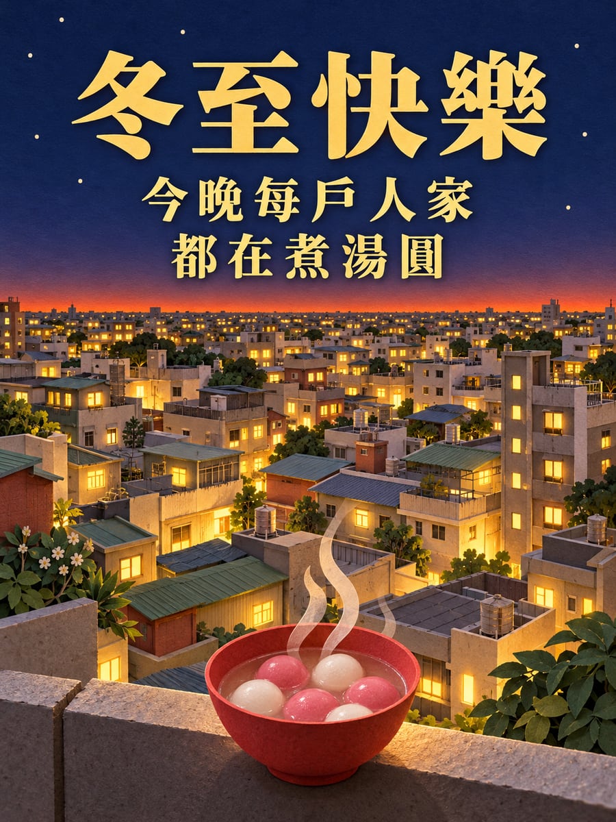 紙雕小鎮萬家燈火。圖中文字：冬至快樂，今晚每戶人家，都在煮湯圓
