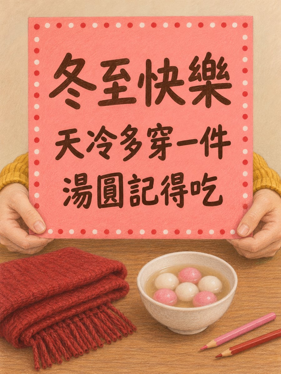 色鉛筆珊瑚粉手寫卡片。圖中文字：冬至快樂，天冷多穿一件，湯圓記得吃