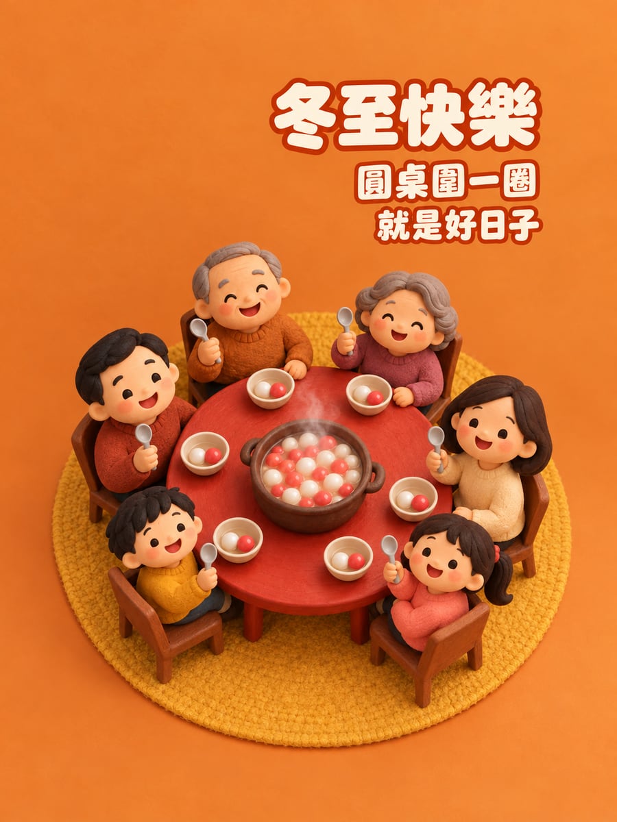 黏土一家六口圍圓桌。圖中文字：冬至快樂，圓桌圍一圈，就是好日子