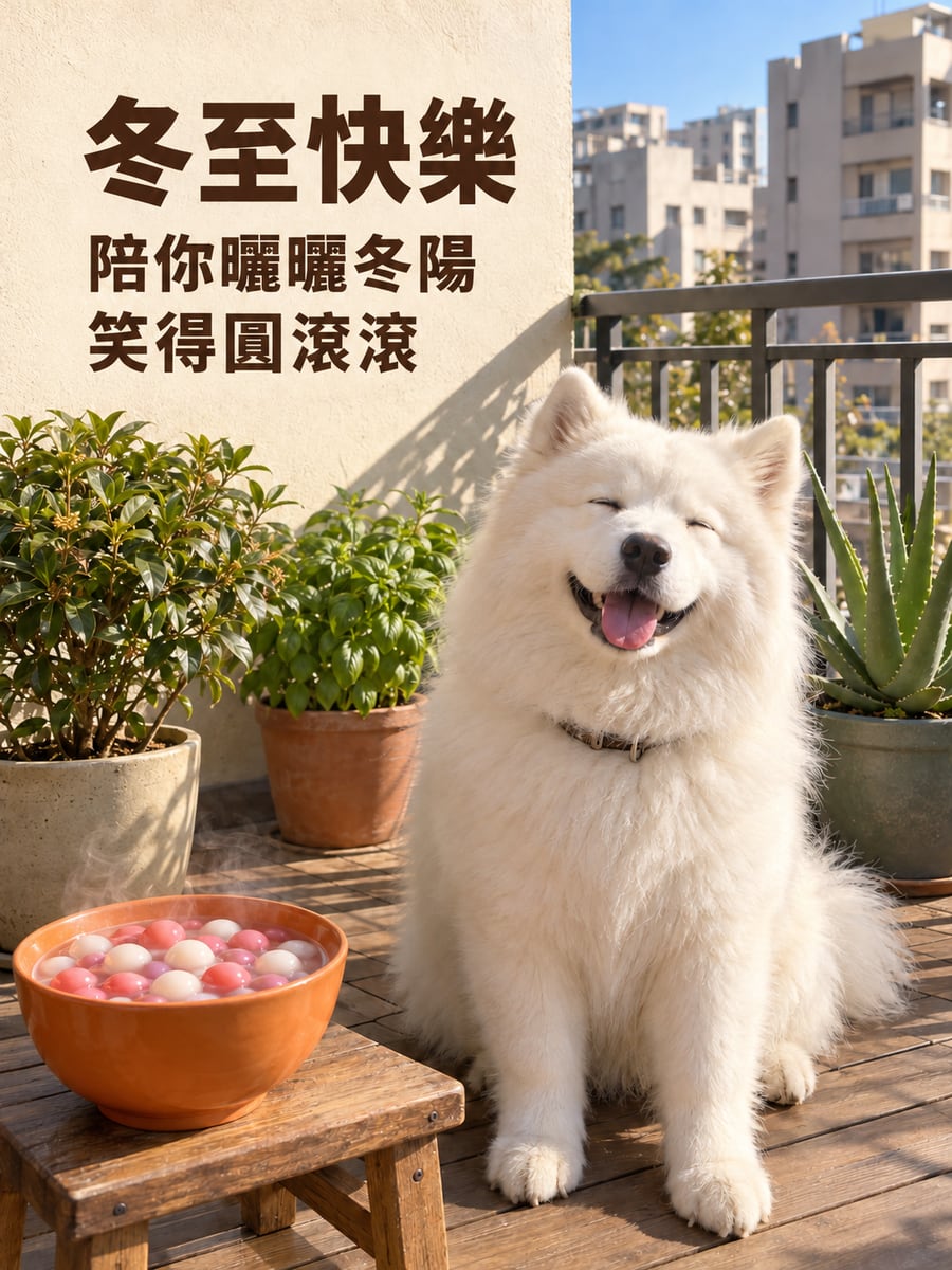 陽台冬陽下的薩摩耶。圖中文字：冬至快樂，陪你曬曬冬陽，笑得圓滾滾