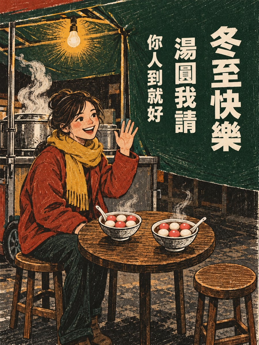 版畫甜湯攤的兩碗湯圓。圖中文字：冬至快樂，湯圓我請，你人到就好