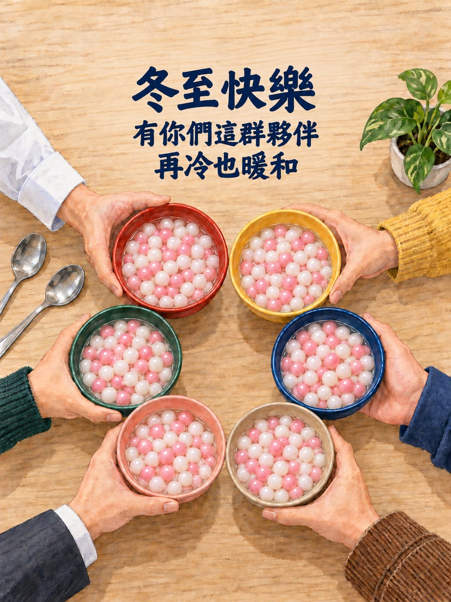 六只碗湊成一圈。圖中文字：冬至快樂，有你們這群夥伴，再冷也暖和