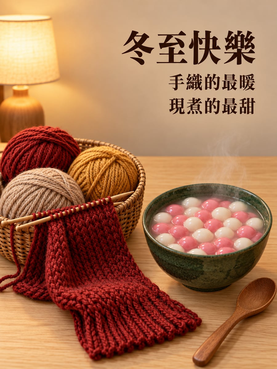 毛線球與現煮湯圓。圖中文字：冬至快樂，手織的最暖，現煮的最甜
