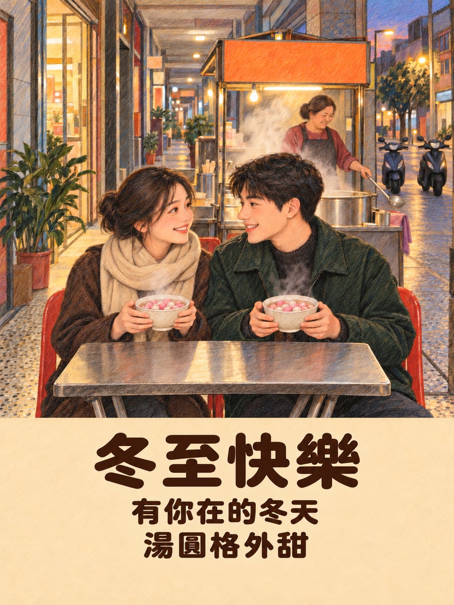 色鉛筆騎樓甜湯攤的兩個人。圖中文字：冬至快樂，有你在的冬天，湯圓格外甜