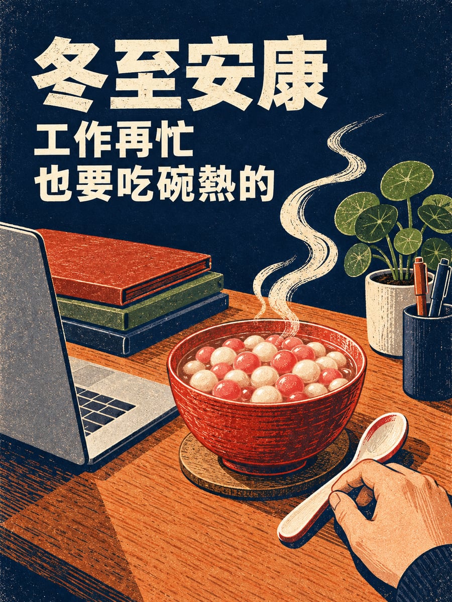 版畫辦公桌上的熱湯圓。圖中文字：冬至安康，工作再忙，也要吃碗熱的
