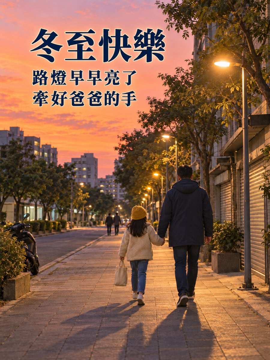 路燈早早亮起的人行道。圖中文字：冬至快樂，路燈早早亮了，牽好爸爸的手