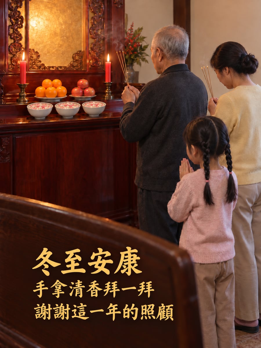 神明桌前拿香拜拜的一家人。圖中文字：冬至安康，手拿清香拜一拜，謝謝這一年的照顧