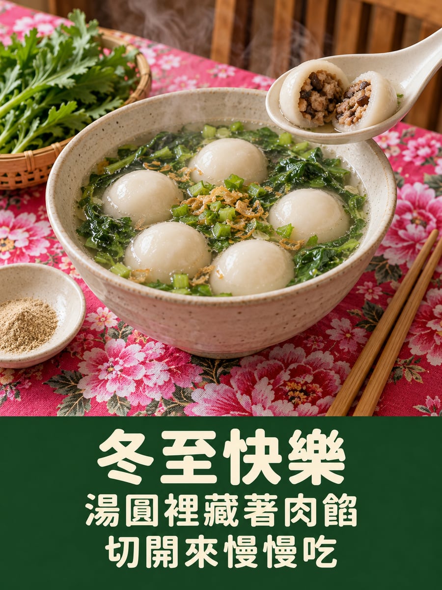 客家花布上的包肉鹹大湯圓。圖中文字：冬至快樂，湯圓裡藏著肉餡，切開來慢慢吃