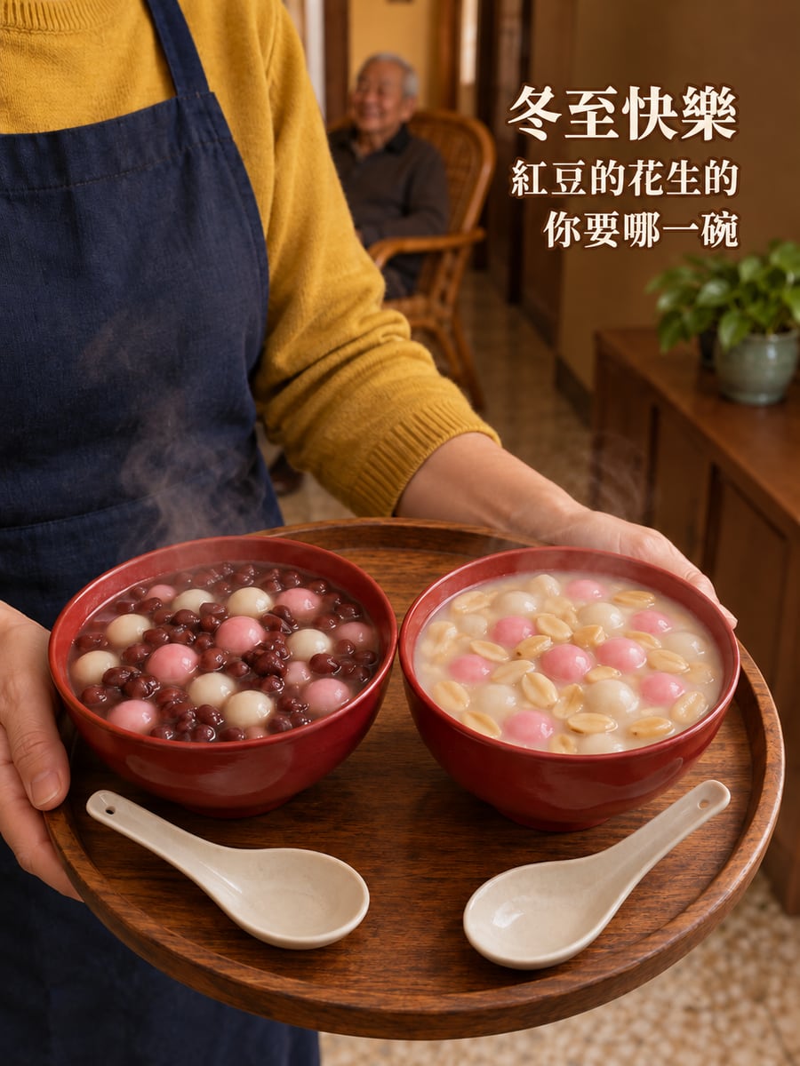 托盤上的紅豆湯圓和花生湯圓。圖中文字：冬至快樂，紅豆的花生的，你要哪一碗