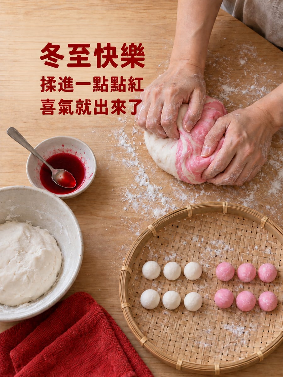 把白色糯米糰揉成紅色的雙手。圖中文字：冬至快樂，揉進一點點紅，喜氣就出來了
