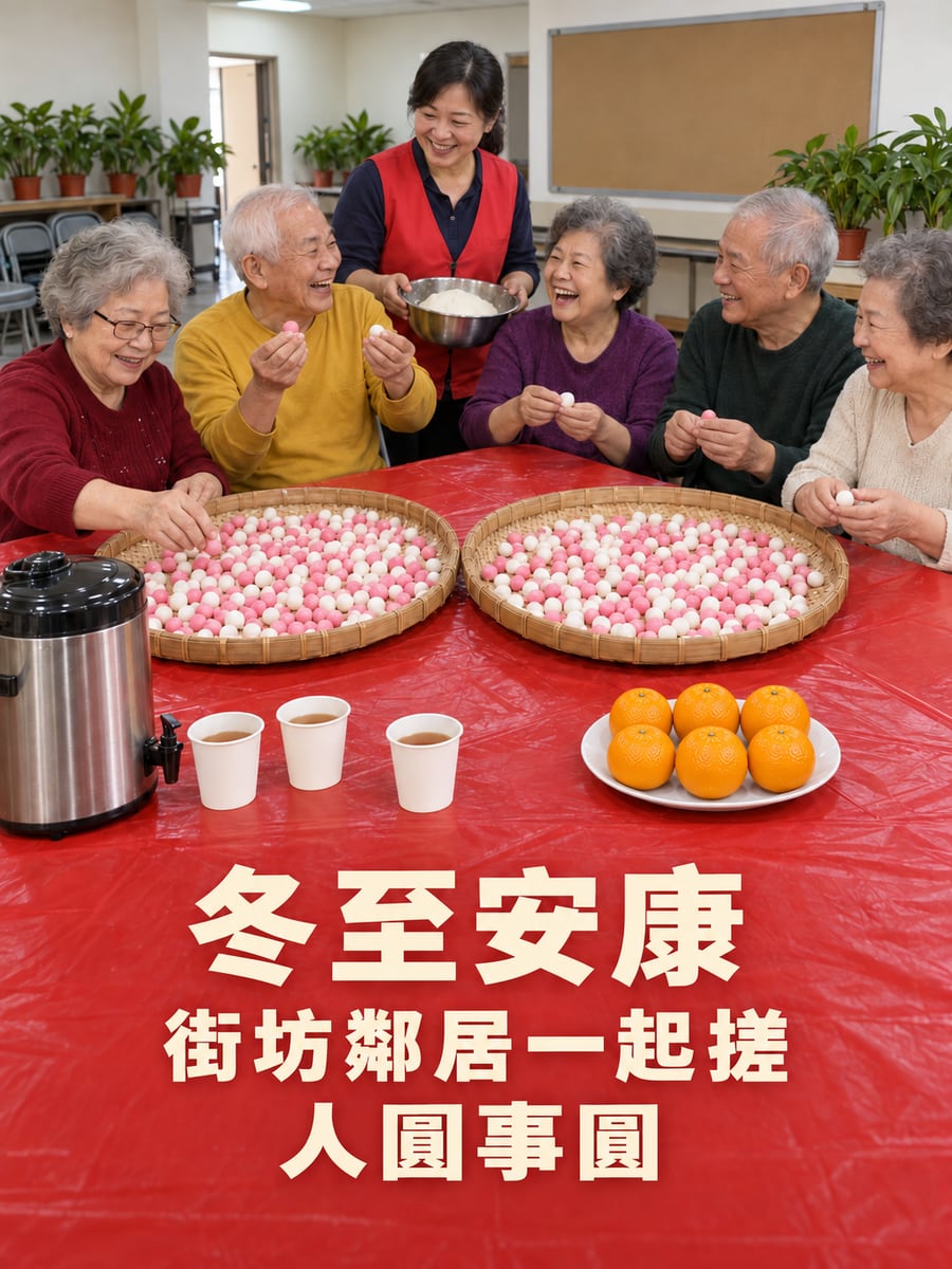 社區活動中心的長輩一起搓湯圓。圖中文字：冬至安康，街坊鄰居一起搓，人圓事圓