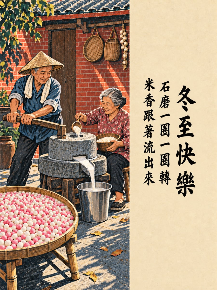稻埕上推石磨磨米漿。圖中文字：冬至快樂，石磨一圈一圈轉，米香跟著流出來