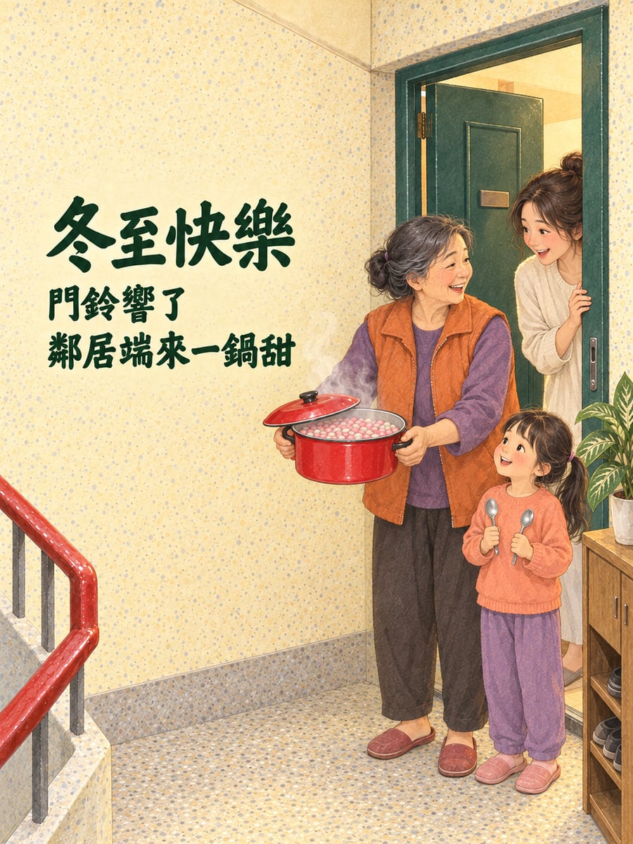 隔壁鄰居端湯圓來按門鈴。圖中文字：冬至快樂，門鈴響了，鄰居端來一鍋甜