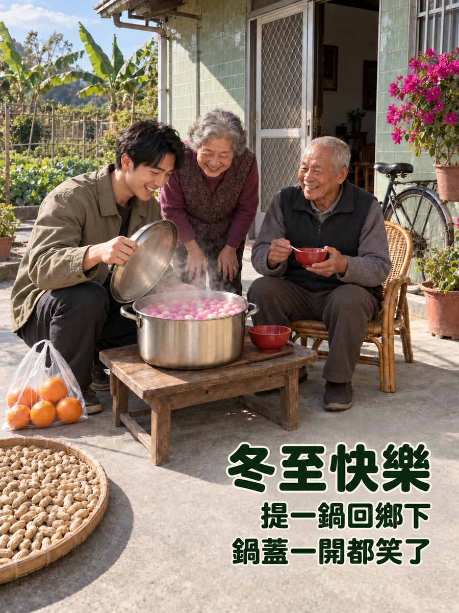 提湯圓回鄉下看阿公阿嬤。圖中文字：冬至快樂，提一鍋回鄉下，鍋蓋一開都笑了