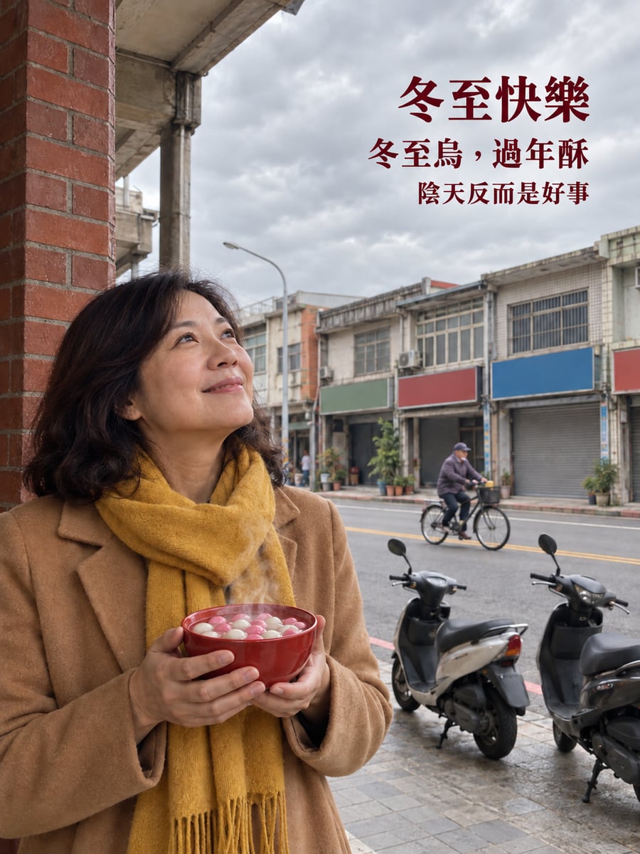 陰天騎樓下捧一碗熱湯圓。圖中文字：冬至快樂，冬至烏，過年酥，陰天反而是好事