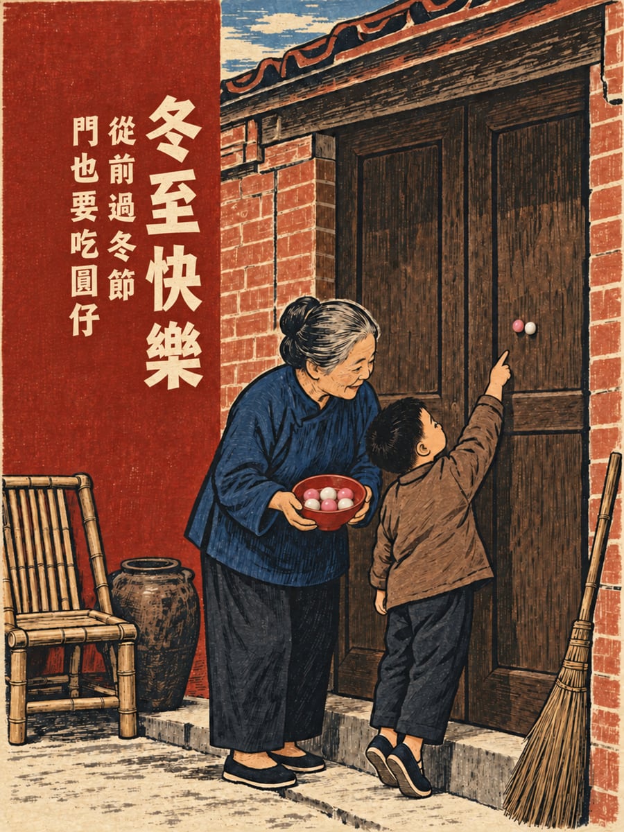 木門上黏著紅白圓仔的舊俗。圖中文字：冬至快樂，從前過冬節，門也要吃圓仔