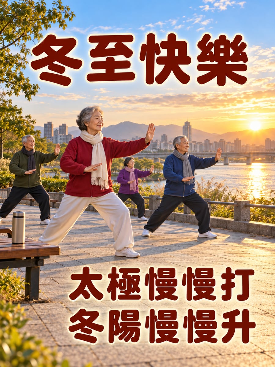 河濱太極迎日出。圖中文字：冬至快樂，太極慢慢打，冬陽慢慢升