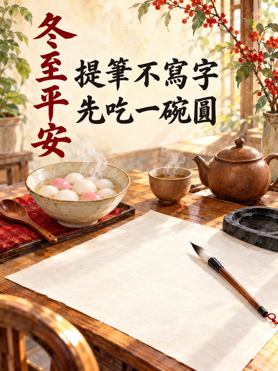毛筆與湯圓。圖中文字：冬至平安，提筆不寫字，先吃一碗圓