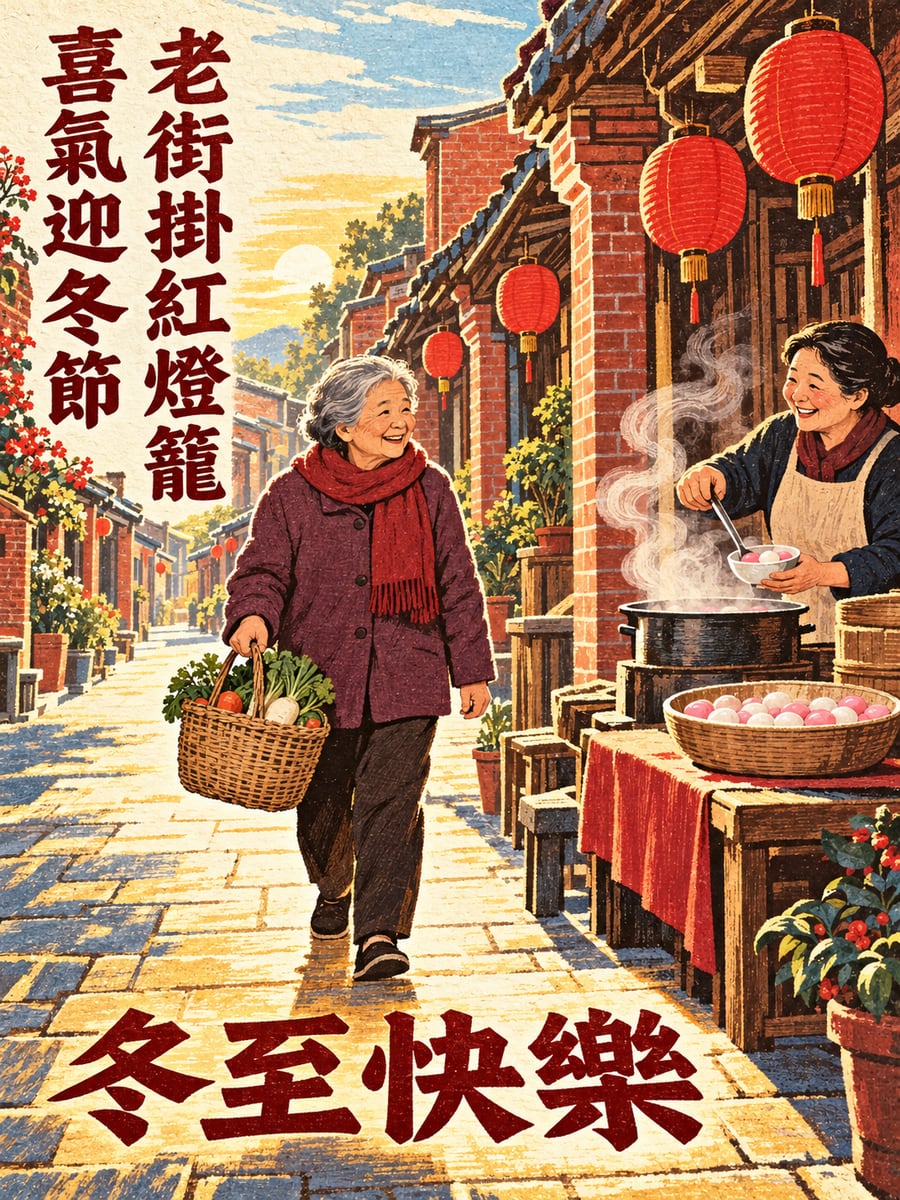 老街的紅燈籠。圖中文字：冬至快樂，老街掛紅燈籠，喜氣迎冬節