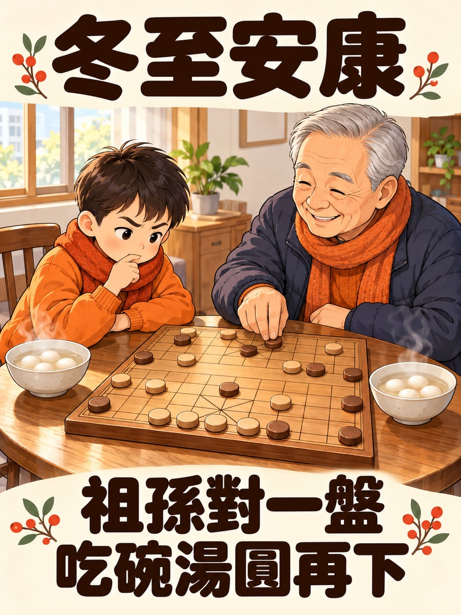 祖孫下象棋。圖中文字：冬至安康，祖孫對一盤，吃碗湯圓再下