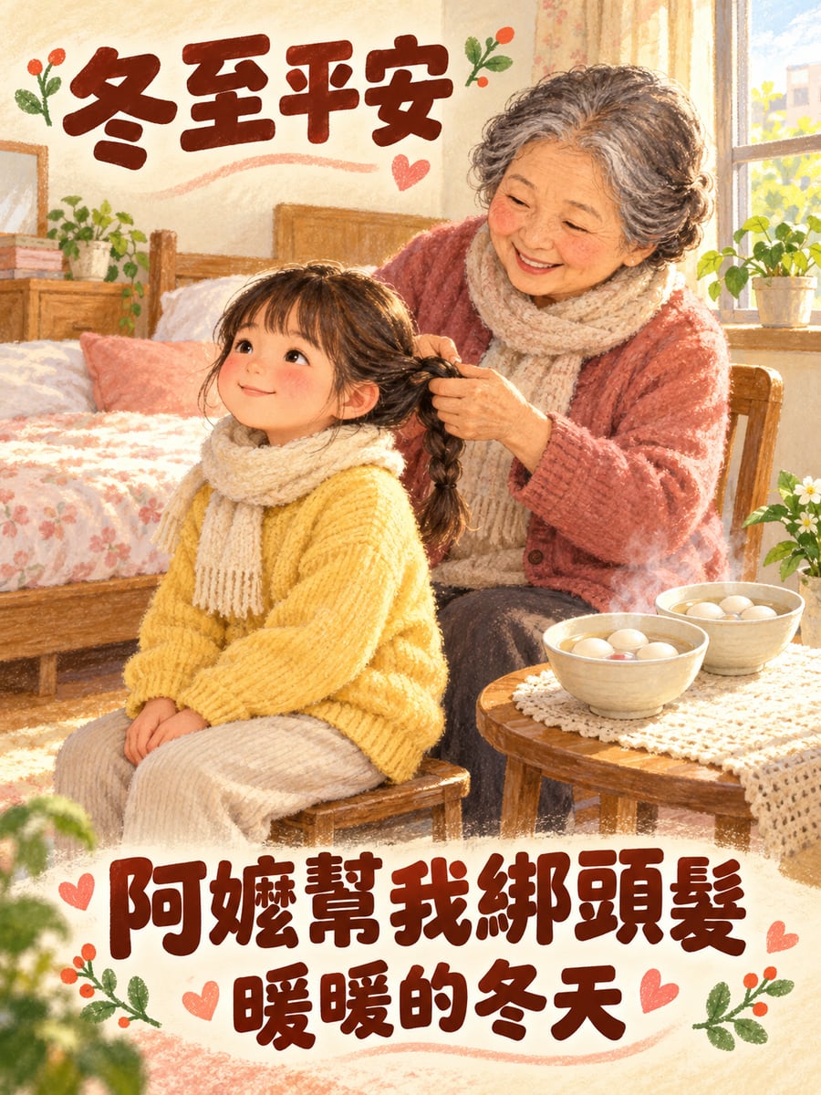 阿嬤綁頭髮。圖中文字：冬至平安，阿嬤幫我綁頭髮，暖暖的冬天