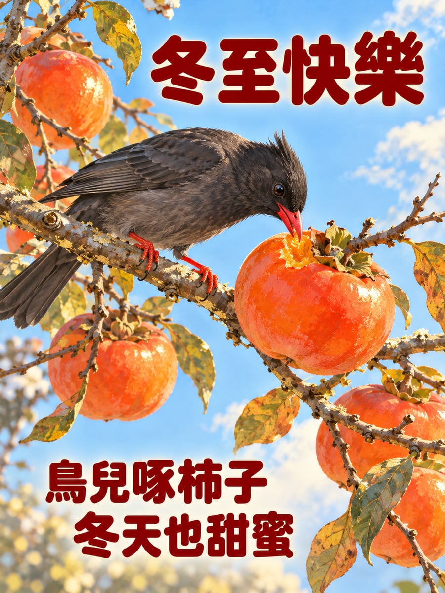 紅嘴黑鵯愛柿子。圖中文字：冬至快樂，鳥兒啄柿子，冬天也甜蜜