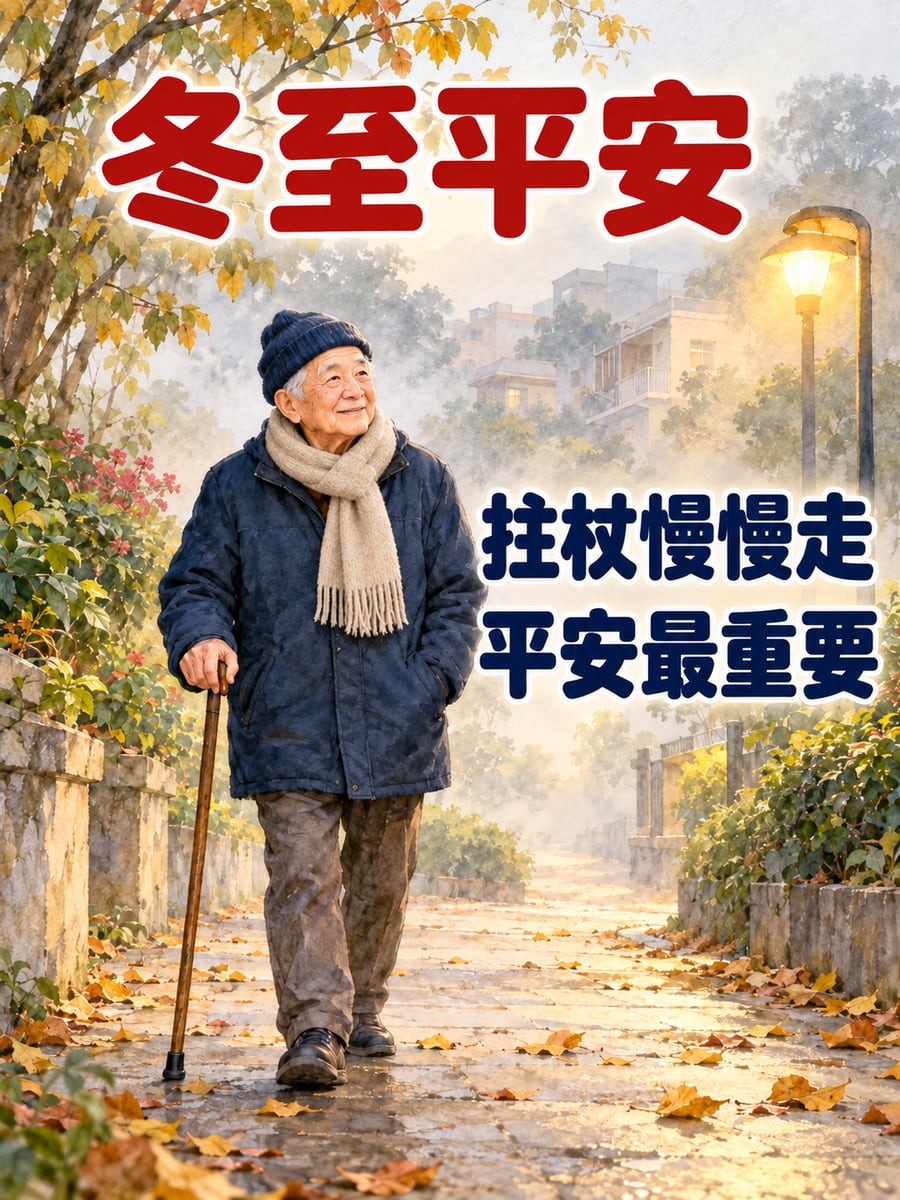 拄杖慢慢走。圖中文字：冬至平安，拄杖慢慢走，平安最重要