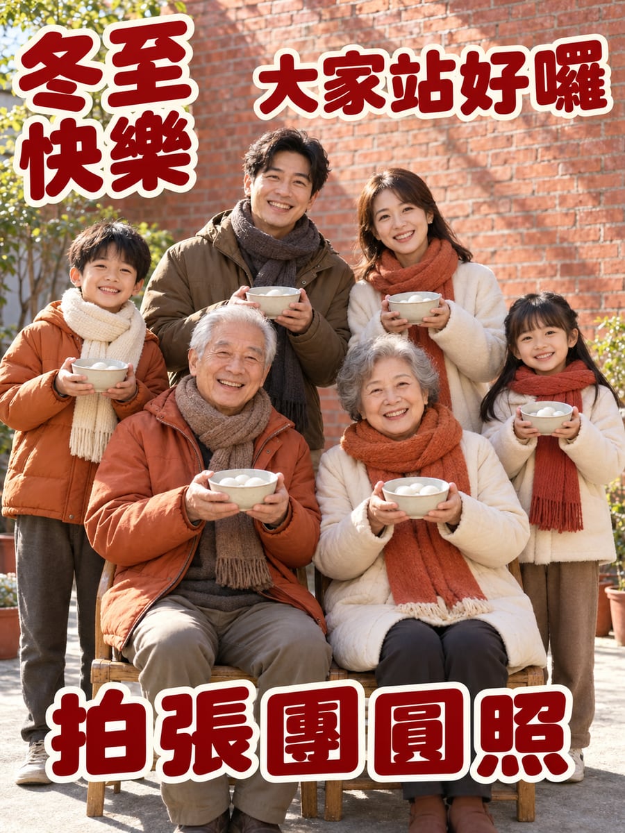 拍張全家福。圖中文字：冬至快樂，大家站好囉，拍張團圓照