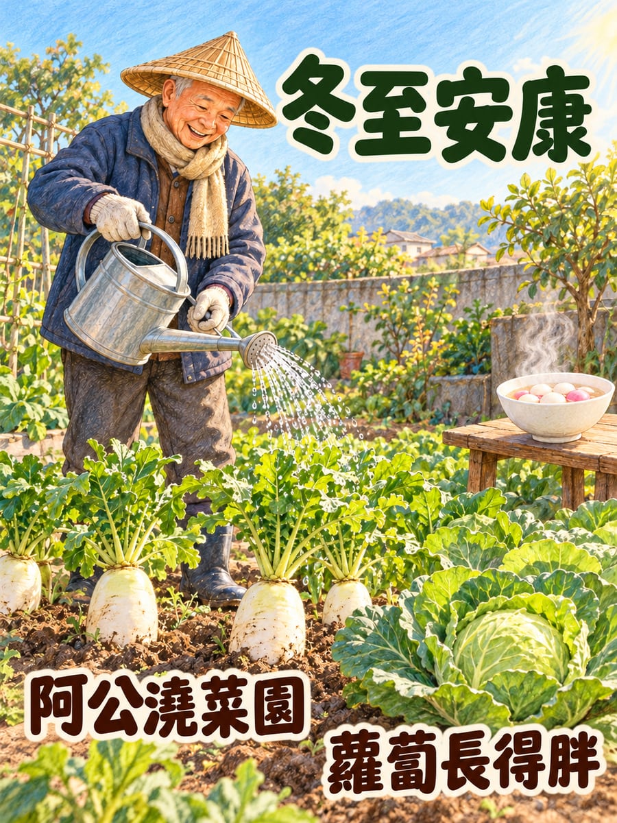 阿公澆菜園。圖中文字：冬至安康，阿公澆菜園，蘿蔔長得胖