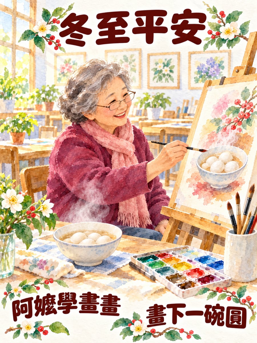 阿嬤畫湯圓。圖中文字：冬至平安，阿嬤學畫畫，畫下一碗圓