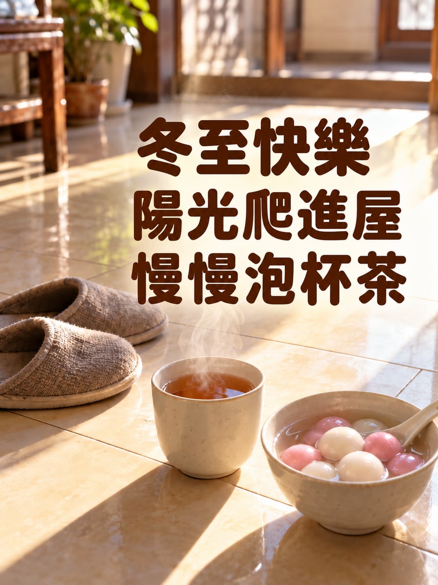 陽光裡的拖鞋。圖中文字：冬至快樂，陽光爬進屋，慢慢泡杯茶