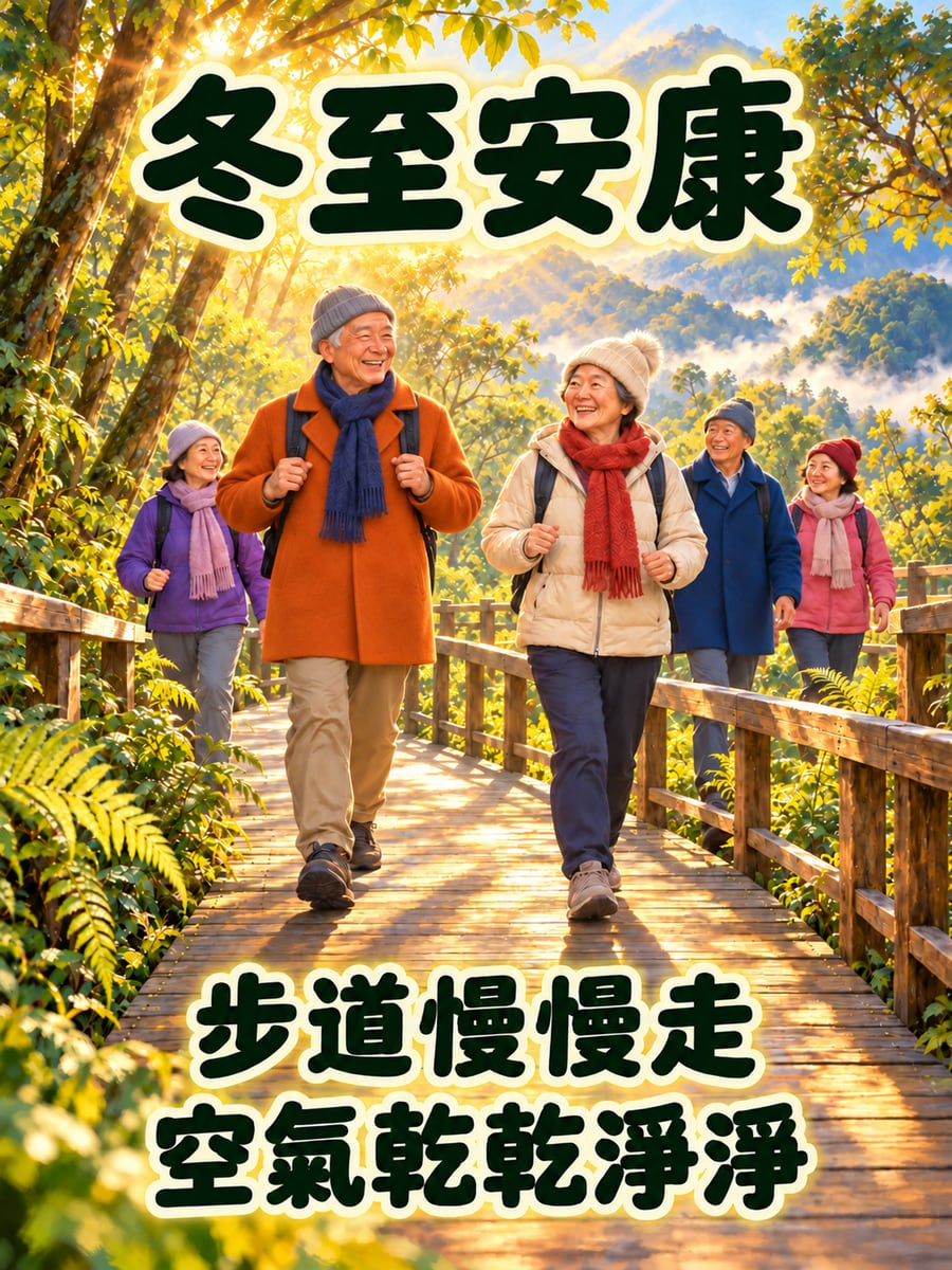 森林步道晨走。圖中文字：冬至安康，步道慢慢走，空氣乾乾淨淨