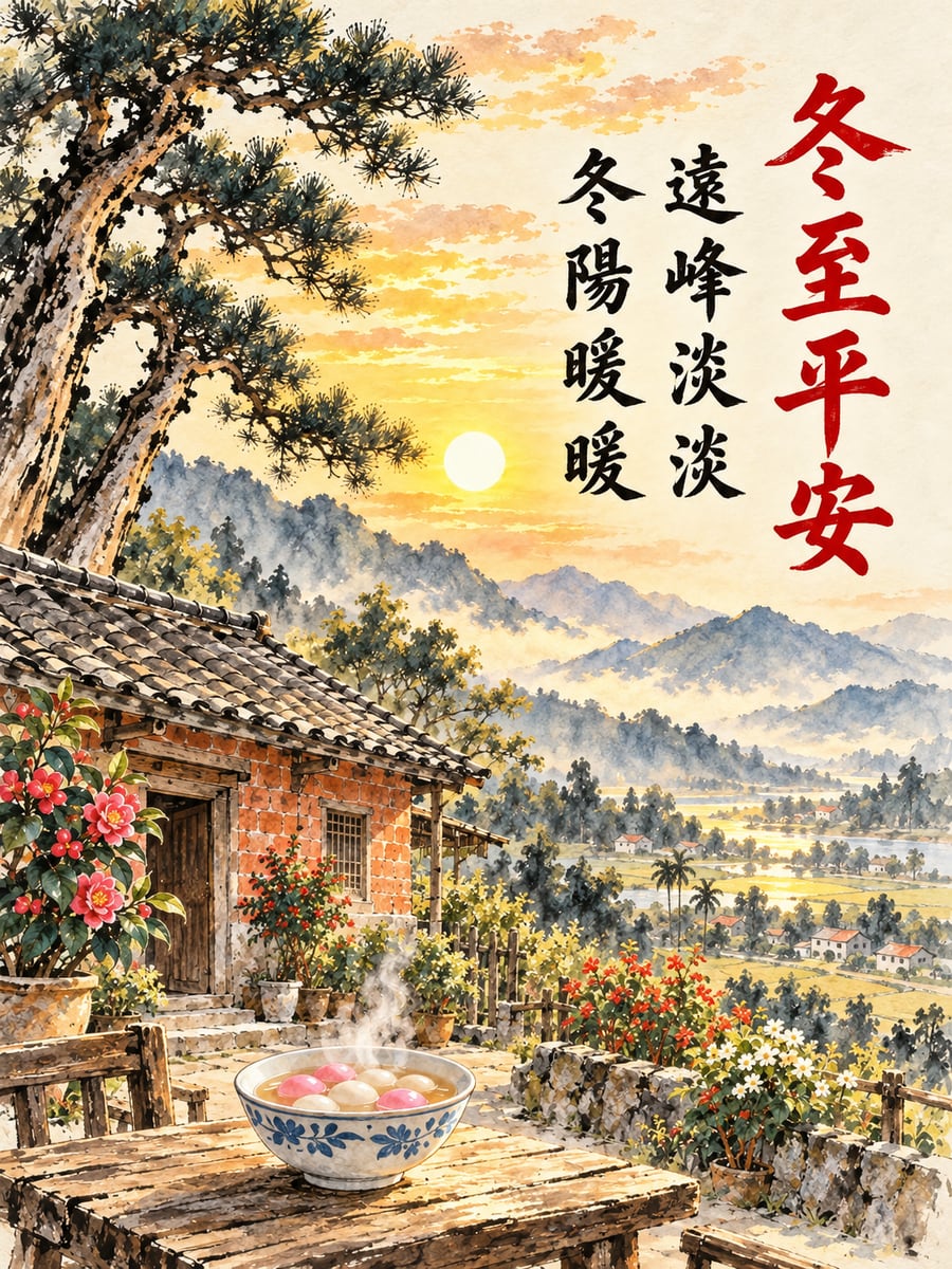 水墨遠景。圖中文字：冬至平安，遠峰淡淡，冬陽暖暖